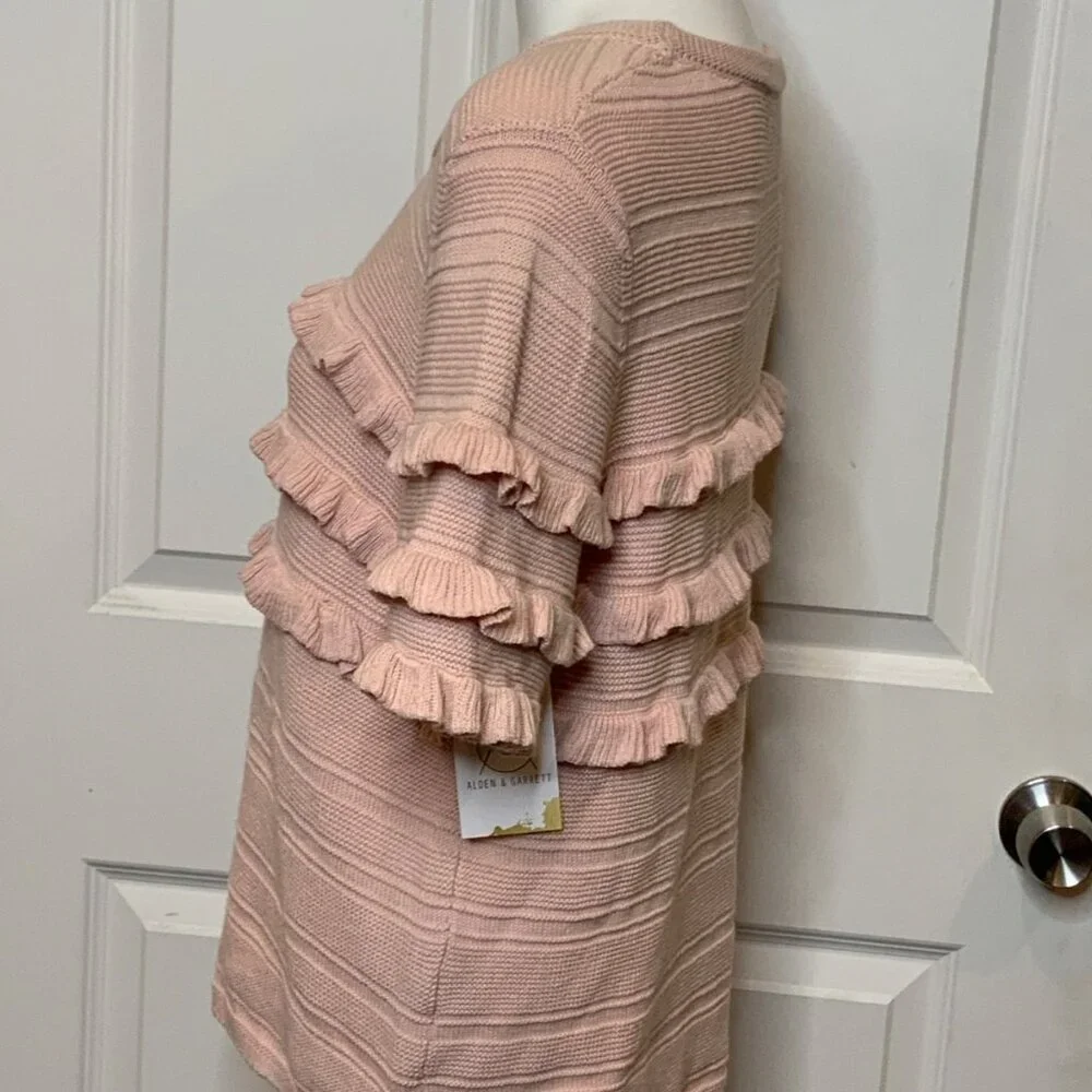 Kate Spade Pale Pink Ruffle Striped Short Sleeve Sweater, Size M
